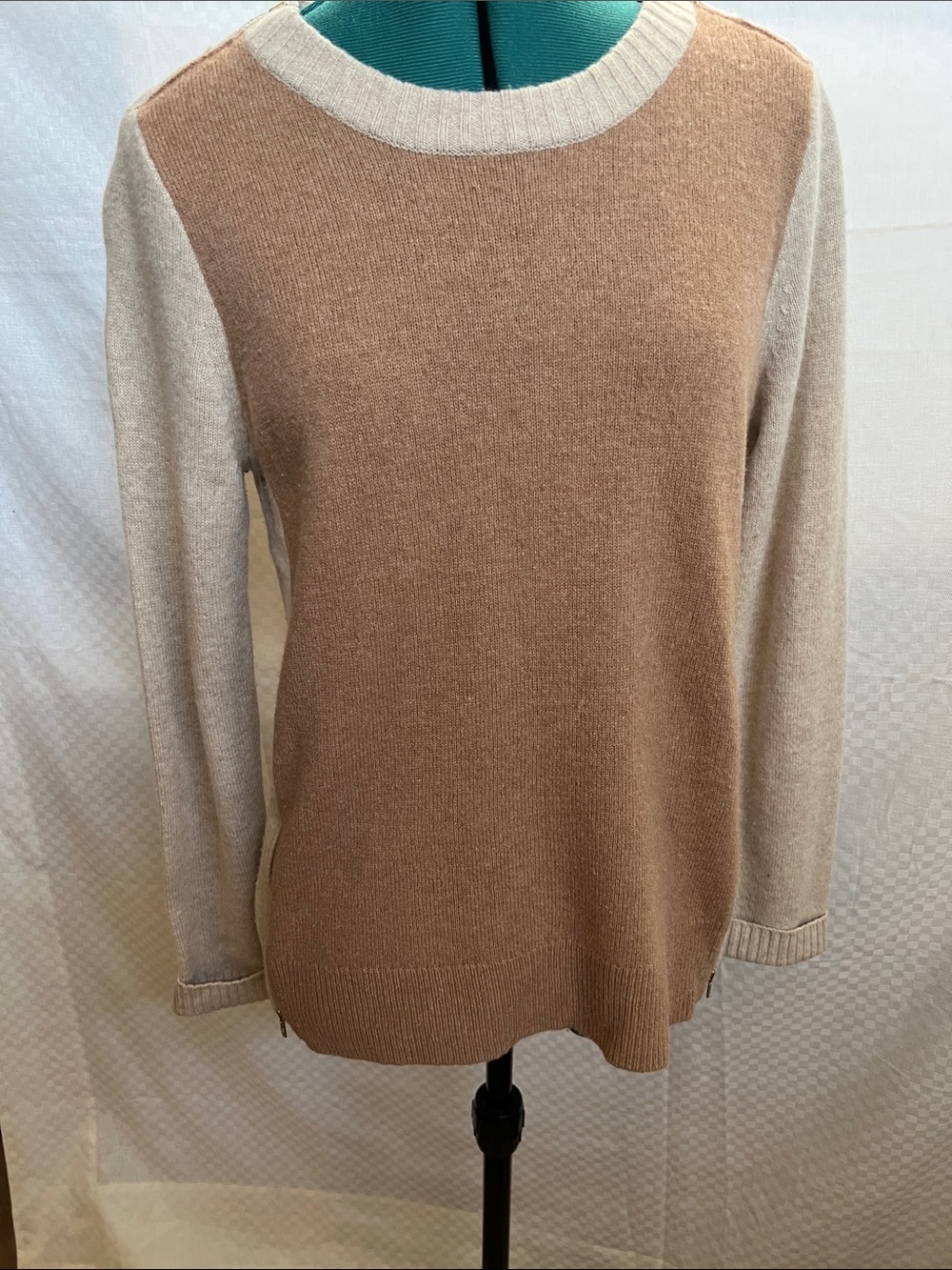 J. Crew 100% Wool Two-Tone Camel and Beige Crewneck Sweater w/Gold Accents